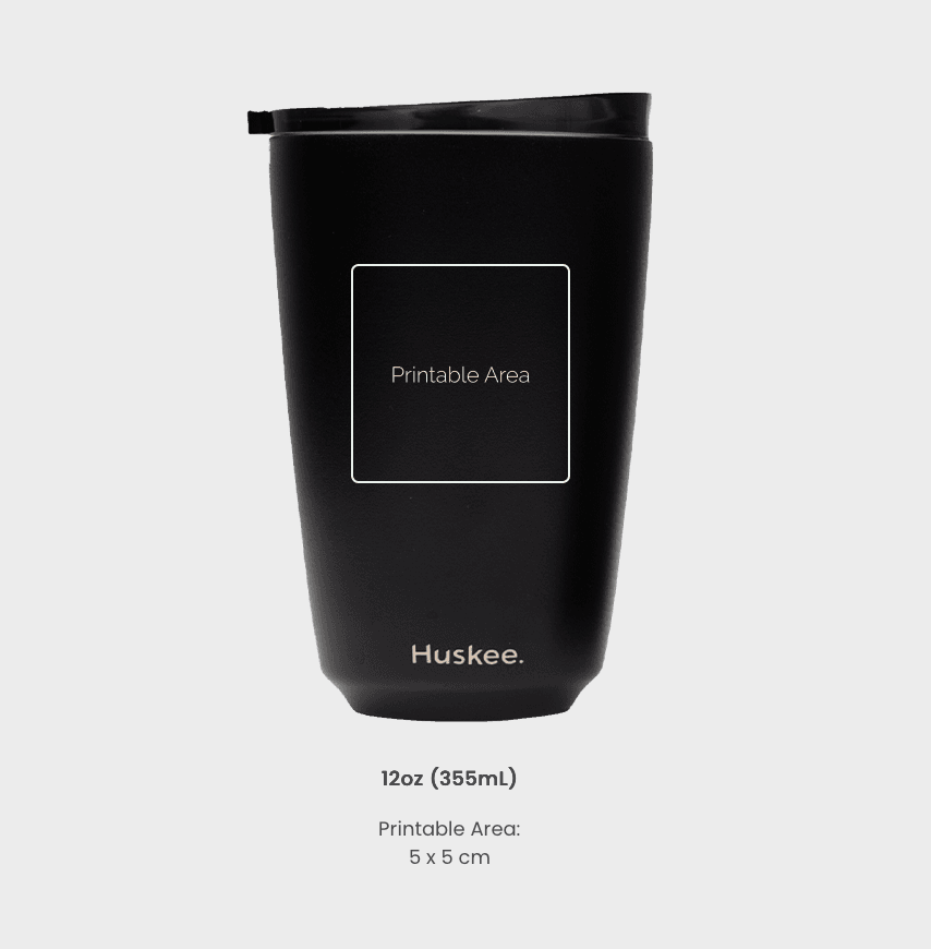 Black 12oz eco-friendly coffee cup with printable area, ideal for bulk orders and custom branding.