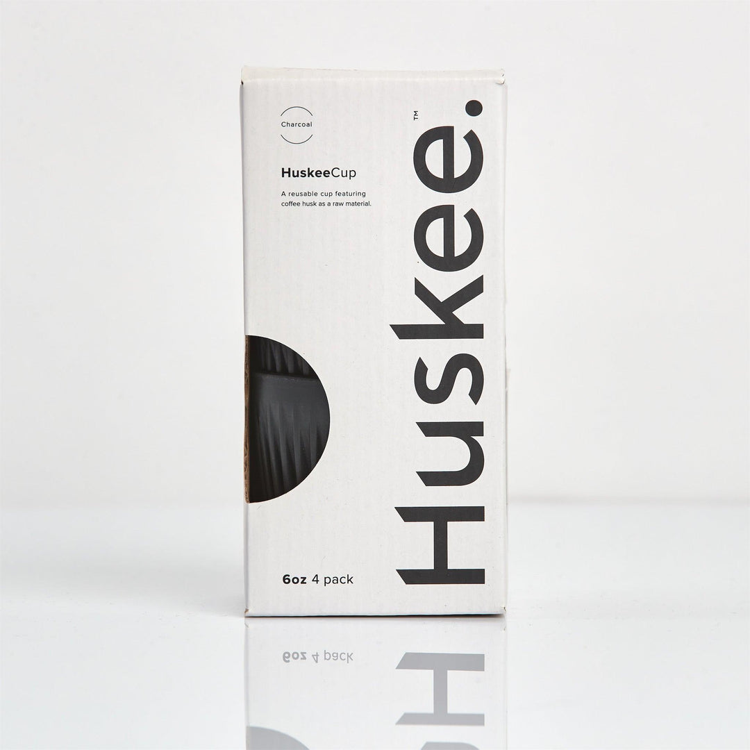 Boxed charcoal HuskeeCup 4 pack, front view