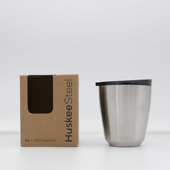 Brushed steel 8oz HuskeeSteel cup and lid