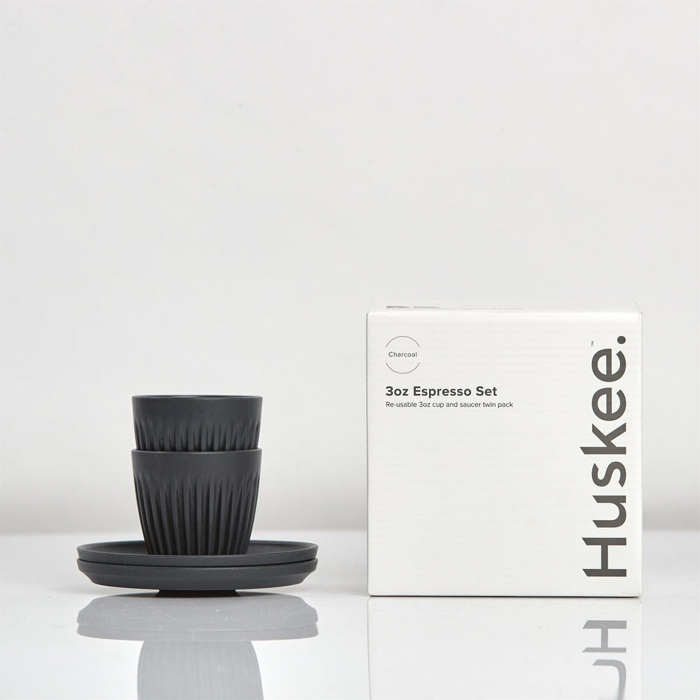 Charcoal 3oz HuskeeCup espresso set with saucers