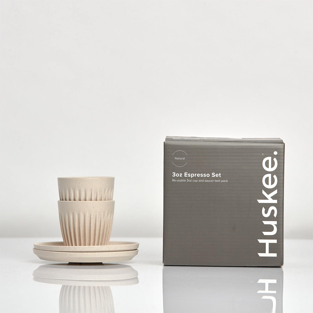 Natural 3oz HuskeeCup espresso set with saucers